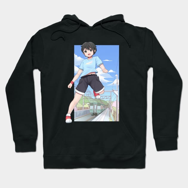 Anime boy running in Train Station Hoodie by Blumammal